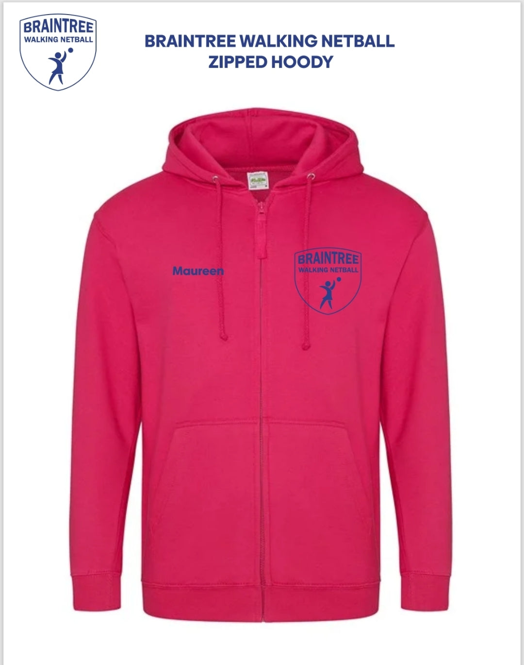 BRAINTREE WALKING NETBALL ZIPPED OR OVER HEAD HOODY EMBROIDERY (ALL SIZES)
